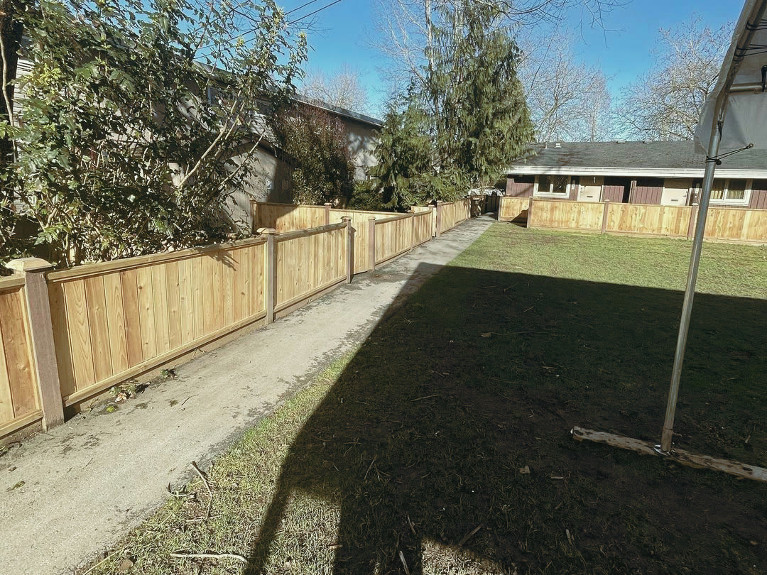 The finished cedar fence running down both sides of a shared walkway, with a capped top rail and caps to every post.