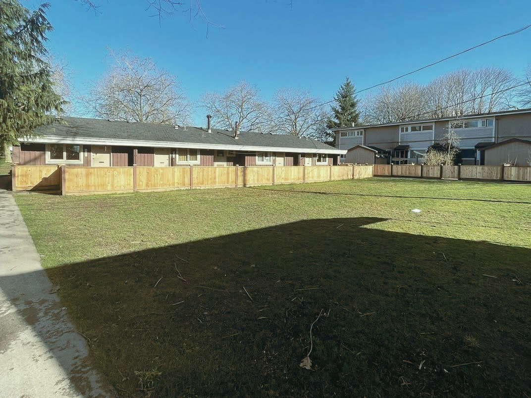 A single-storey block seen across the shared lawn, each unit’s patio now enclosed by the new cedar fence.